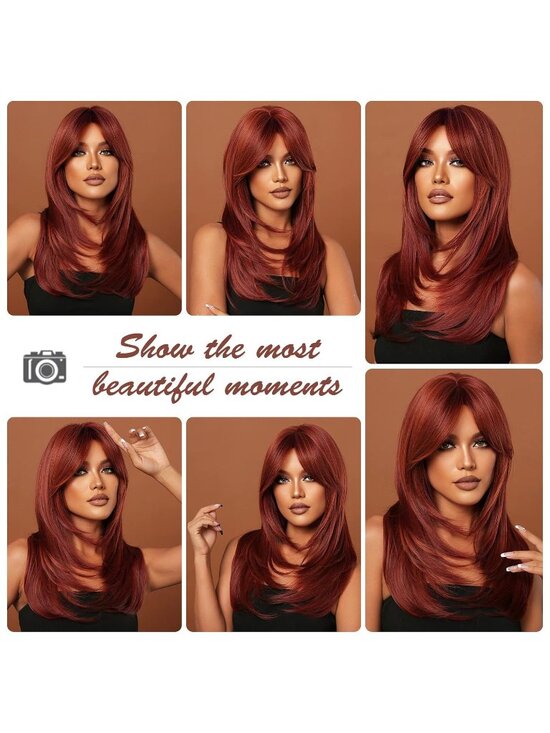 Women Red Heat Resistant Long Curly Shoulder Length Synthetic Wigs main image 4